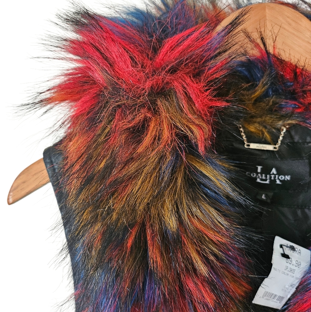 NWT LA Coalition Black Multicolor Faux Fur Faux Leather Zip Up Vest, Size L - Picture 4 of 10